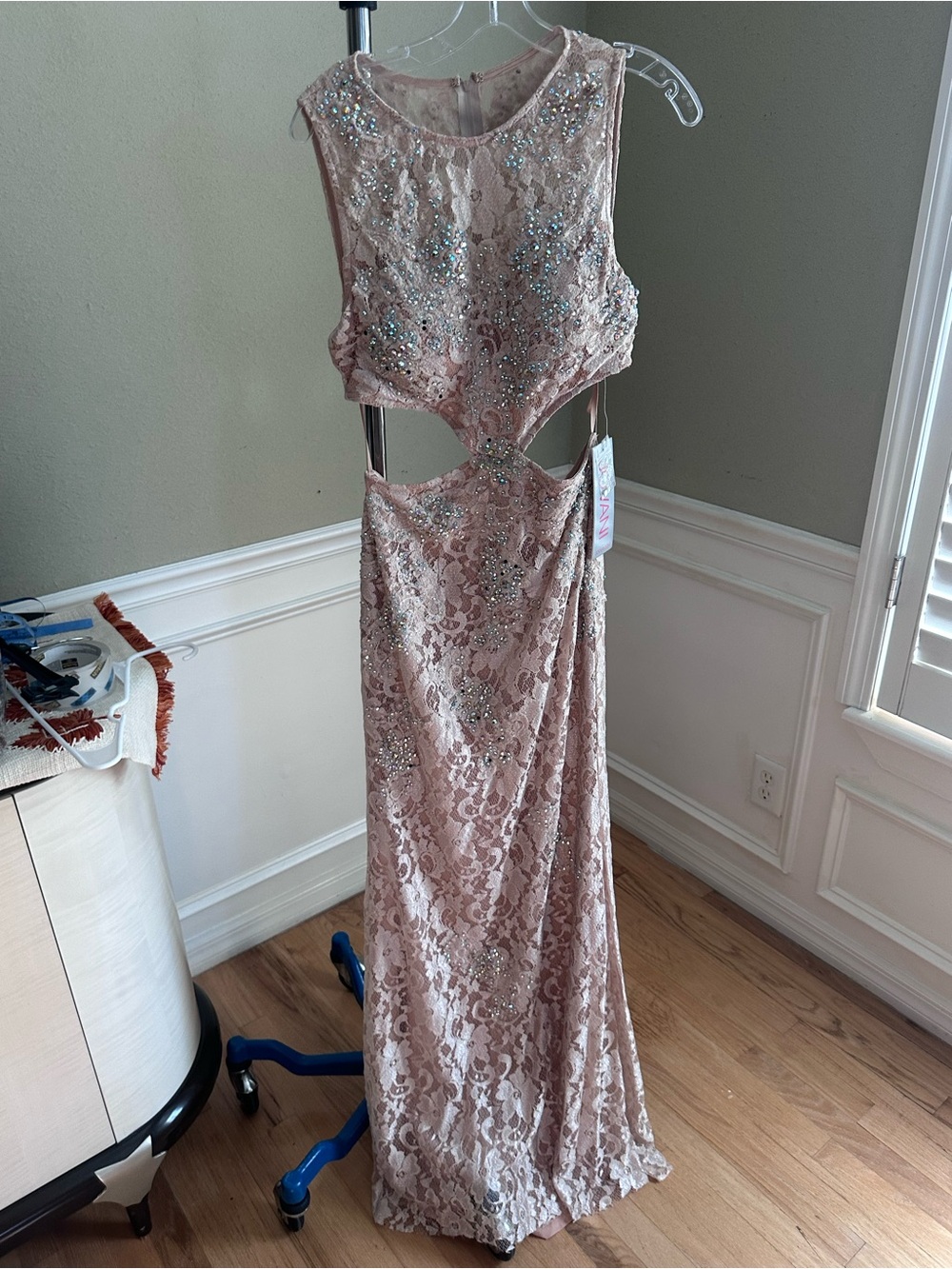Jovani Blush Lace Cutout Sequin Evening Gown